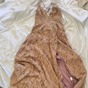Lace A-Line Maxi Dress w/ High Slit, Tawny over Mauve - M